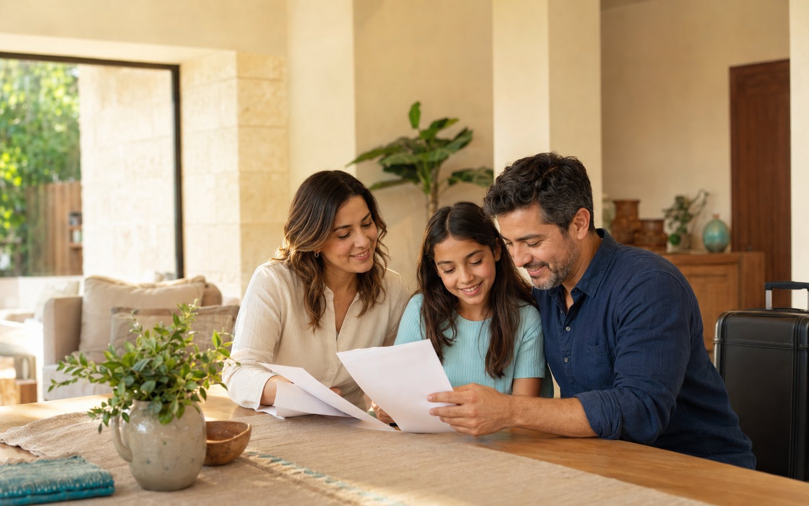 Familia revisando con tranquilidad documentos de viaje